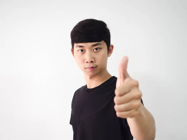 Genç Adam Siyah Gömlek Sol Başparmak Yukarı Beyaz Izole Arka — Stok fotoğraf