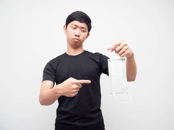 Junger Asiatischer Mann Mit Schwarzem Hemd Zeigt Mit Dem Finger — Stockfoto