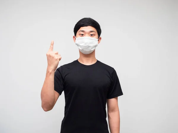 Asiatique Homme Chemise Noire Avec Masque Montrer Doigt Comptant Sur — Photo