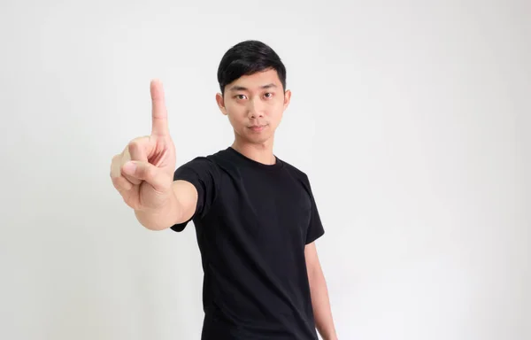 Giovane Asiatico Uomo Nero Camicia Contare Uno Dieci Mano Metà — Foto Stock