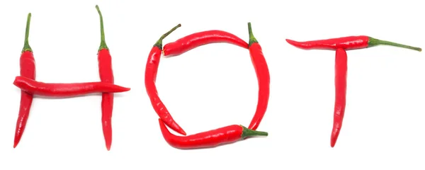 Woord Van Rode Chili Hot Hete Tekst Wit Geïsoleerd — Stockfoto