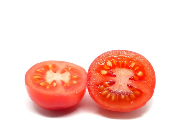 Nahaufnahme Geschnitten Scheibe Pflaume Tomate Detail Auf Weiß Isoliert — Stockfoto