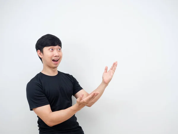 Asian Man Cheerful Pointing Hand Side Present Product Concept Copy — 스톡 사진