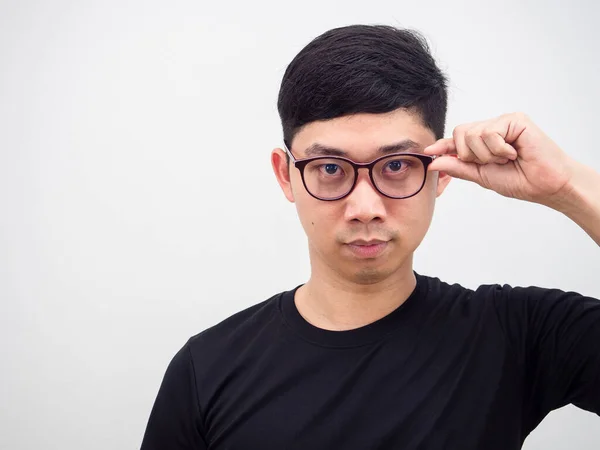Closeup Retrato Rosto Tailandês Homem Vestindo Óculos Bonito Olhar Mão — Fotografia de Stock