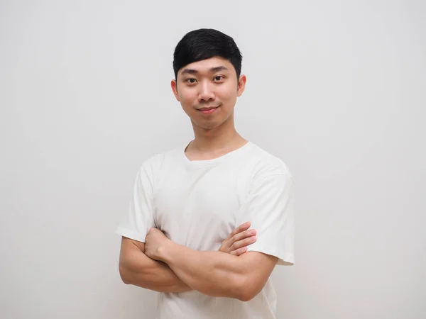 Young Asian Man Cross Arm White Shirt Happy Smile His — Fotografia de Stock