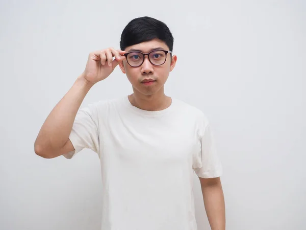 Asian Man White Shirt Touch His Glasses Feel Confused Face — Fotografia de Stock