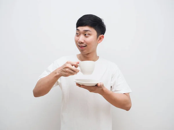 Asian Man Hold Coffee Cup Hand Look Left Side Happy — Fotografia de Stock