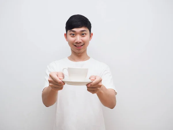 Asian Man White Shirt Happy Smile Hold Coffee Cup Hand — Fotografia de Stock