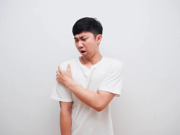 Asian Man Feel Pain His Shoulder Touch His Shoulder Left — Stock fotografie