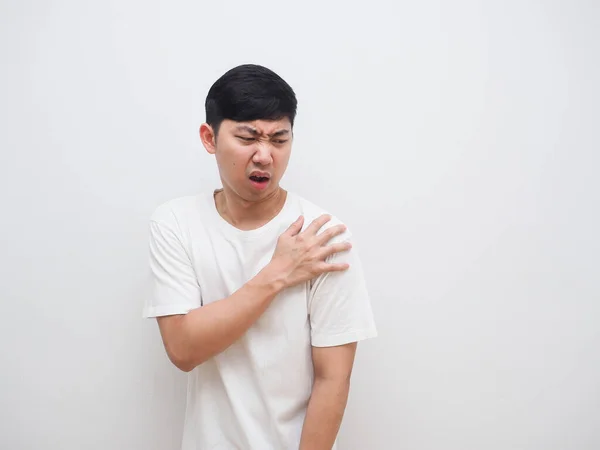Asijský Člověk Cítí Bolest Rameni Dotknout Jeho Rameno Pravou Rukou — Stock fotografie