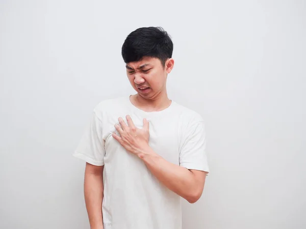 Asian Man Touch His Chest Unhappy Face White Background Pain — Stock fotografie