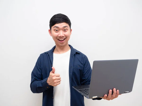 Asian Man Holding Laptop Thumb Happy Smile Face White Background — Zdjęcie stockowe