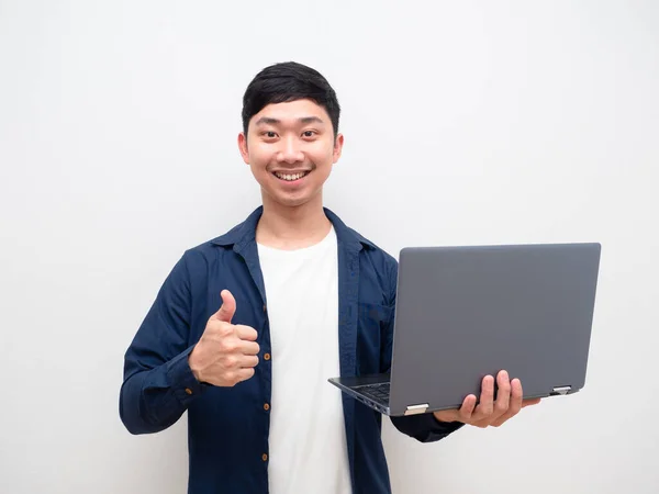 Handsome Asian Man Blue Shirt Hold Laptop Hand Thumb Happy — Zdjęcie stockowe