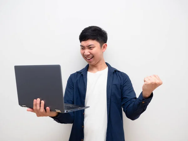 Asian Man Look Laptop Hand Feel Happy Show Fist Happy — Stock fotografie