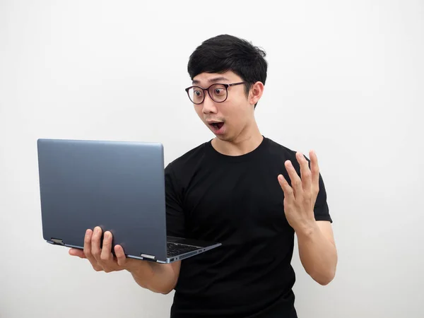 Asian Man Wearing Glasses Looking Laptop His Hand Feeling Amazed — Photo