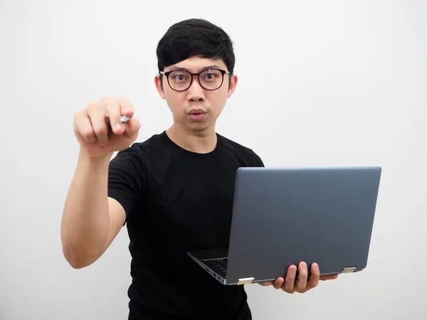 Asian Man Glasses Holding Laptop Point Pen You Serious Face — Stock fotografie