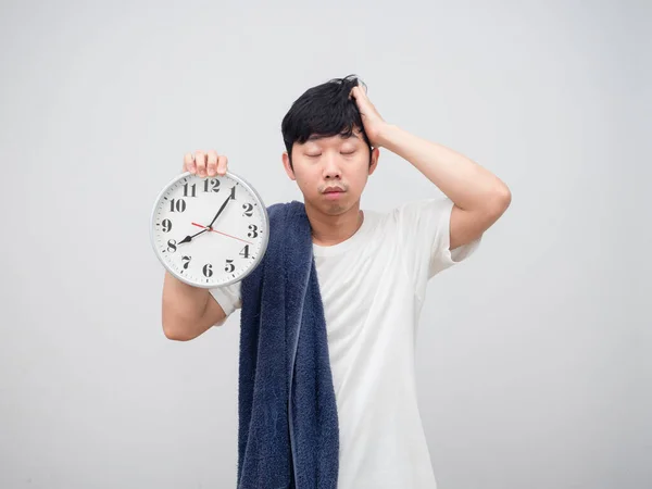 Asian Sleepy Man Towel Holding Clock Hand Lated Concept White — Fotografia de Stock