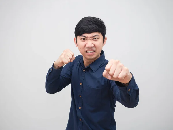 Asian Man Stance Punch Serious Face Portrait White Background — Stock fotografie