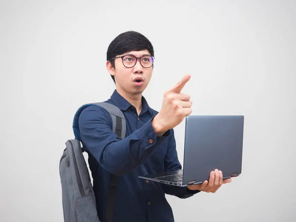 Portrait Asian Man Holding Laptop Backpack Confident Face Point Finger — Stock fotografie