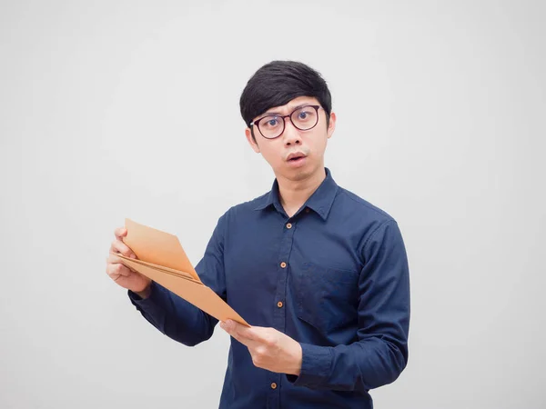 Asian Man Wearing Glasses Holding Document Envelope Feeling Confused Look — Stock fotografie