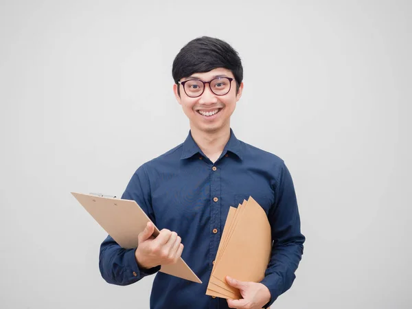 Asian Man Wearing Glasses Holding Document Envelope Board Happy Smile — Stock fotografie
