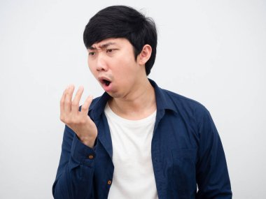 Asian man feeling sick cough and hand up portrait white background