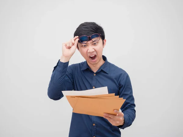 Asian Man Feeling Shocked Take His Glasses Looking Document Envelope — Foto de Stock