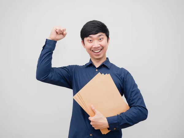 Businessman Holding Document Envelope Happy Smile Show Fist White Background — Stock fotografie