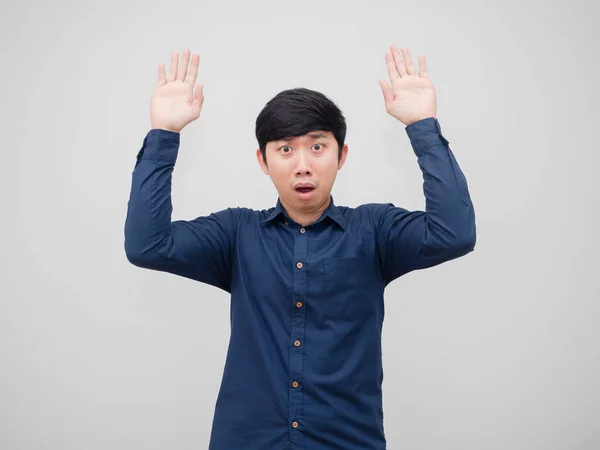 Asian Man Surrenfer Emotion Shocked Face Show Hand Portrait White — Fotografia de Stock