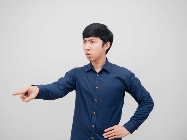 Asian Man Serious Face Point Finger Command Emotion White Background — Fotografia de Stock