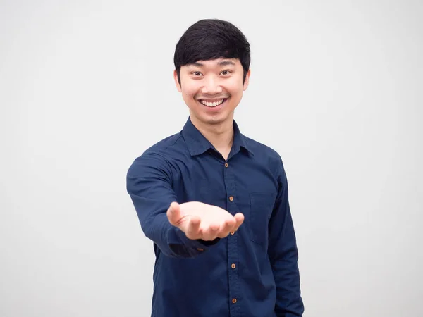 Cheerful Man Smile Show One Hand Empty White Background — Stockfoto