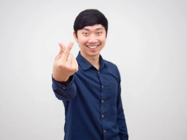 Cheerful Man Asian Show Hand Mini Heart White Background — Stock Fotó