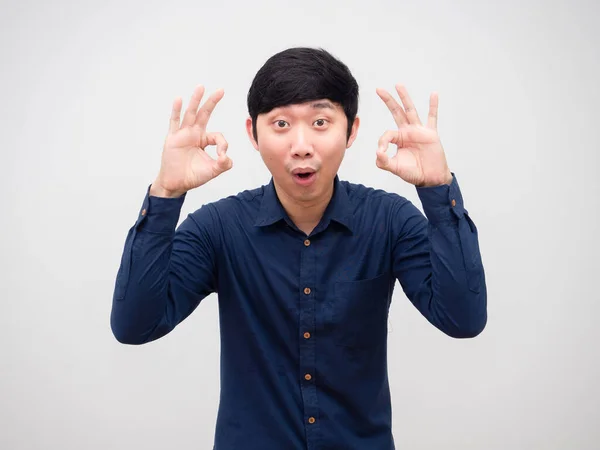 Cheerful Man Asian Hand Happy Face White Background —  Fotos de Stock