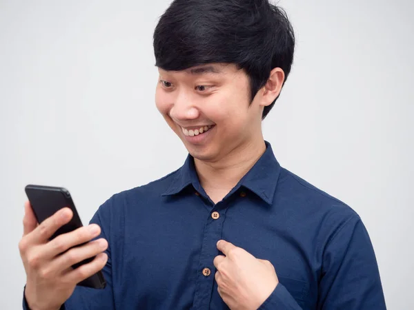 Asian Man Using Mobile Phone Video Call Feeling Happy Smile — Stockfoto