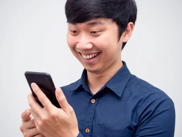 Cheerful Asian Man Using Mobile Phone Hand Happy Face Portrait — Stockfoto