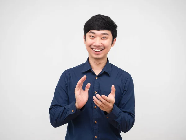 Asiatique Homme Sourire Gai Visage Applaudir Main Sentiment Heureux Portrait — Photo