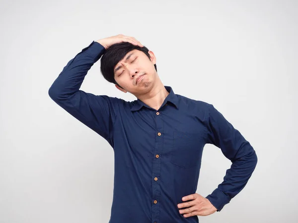 Asian Man Feeling Lazy Stretch Oneself Portrait White Background — Stockfoto