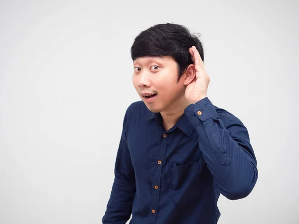 Asian Man Posing Listening Something Hand His Ear White Background — Fotografia de Stock