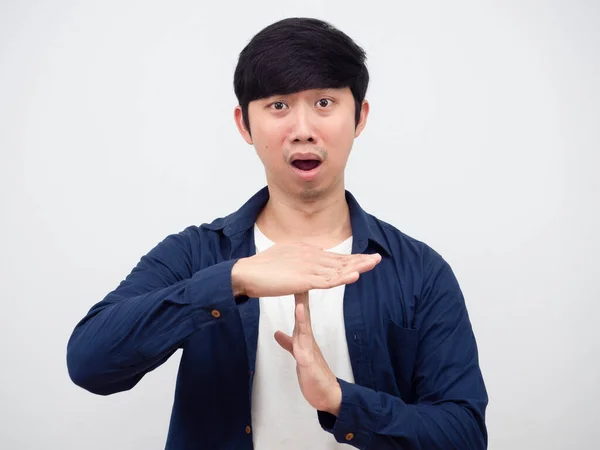 Asian Man Ark Time Out Gesture Hand Break Serious Face — Fotografia de Stock