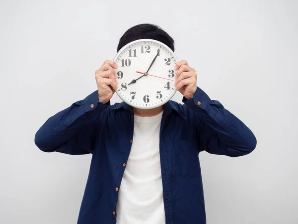 Man Close His Face Analog Clock Portrait White Background — Fotografia de Stock