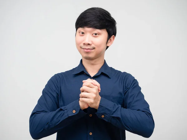 Ásia Homem Juntar Mão Para Grato Sentimento Feliz Sorriso Rosto — Fotografia de Stock