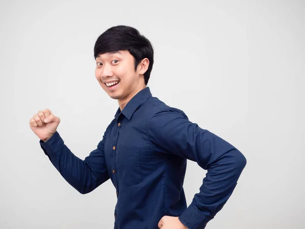 Portrait Asian Man Run Gesture Happy Smile Face White Background —  Fotos de Stock