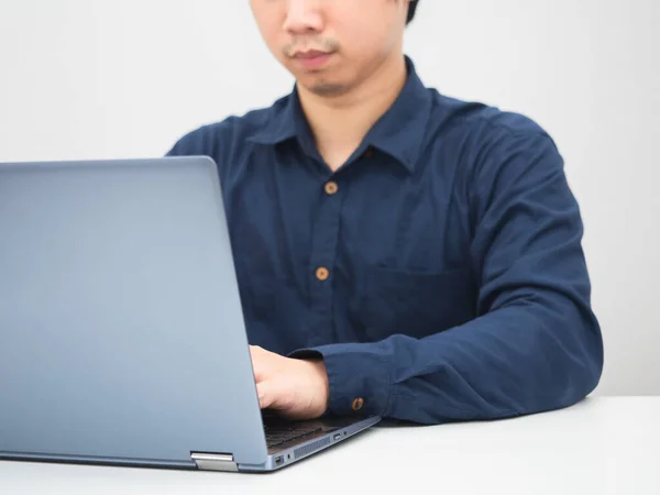Man Sitting Desk Using Laptop Work White Background —  Fotos de Stock