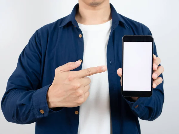 Closeup Body Man Hand Point Finger Mobile Phone White Screen — Stockfoto