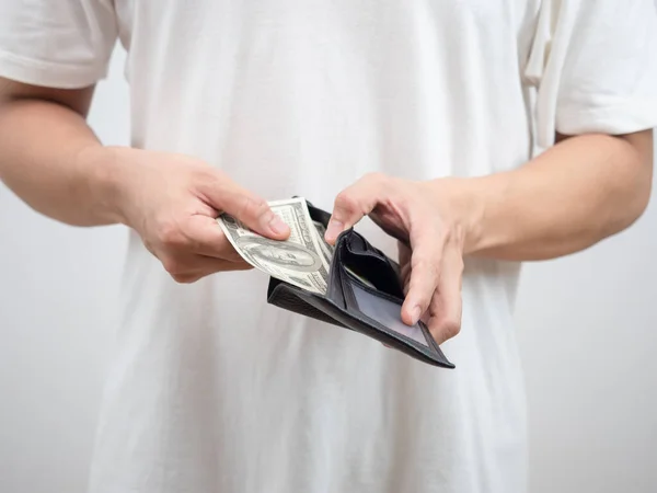 Close Man White Shirt Pick Money Dollar Out His Wallet — Stock Photo, Image