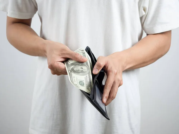Man White Shirt Pick Money Dollar Out His Wallet Portrait — Stock Photo, Image