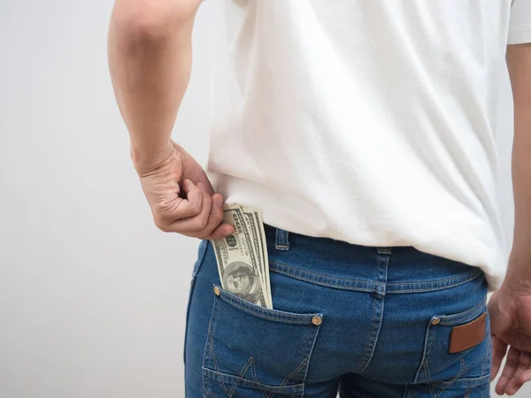 Close Back Man Pick Money Out Trousers Jean Pocket — Stock Photo, Image