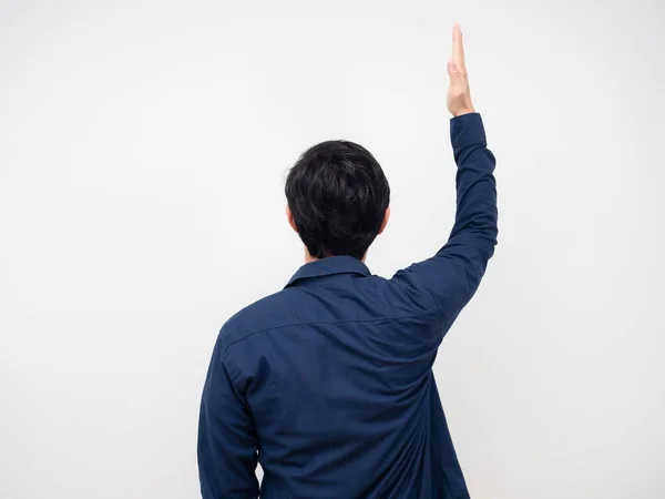 Homem Volta Mostrar Uma Mão Para Cima Retrato Branco Fundo — Fotografia de Stock