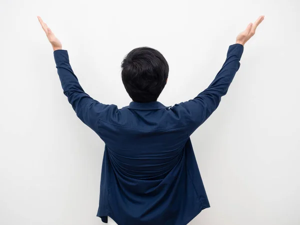 Homem Volta Mostrar Sua Mão Até Branco Isolado — Fotografia de Stock