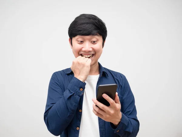 Young Asian Man Looking Mobile Phone His Hand Feeling Excited — ストック写真